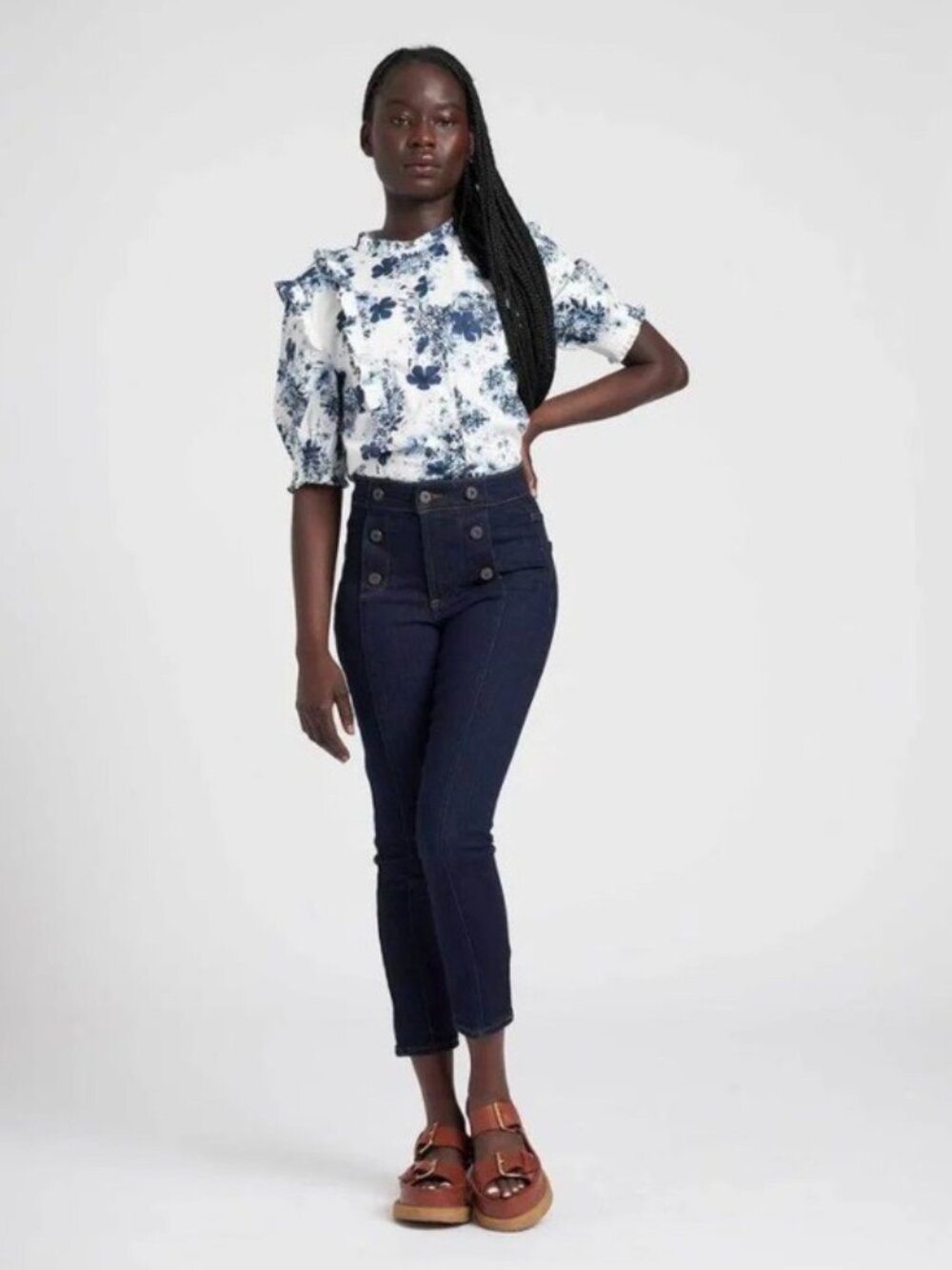 Universal Standard Mid Rise Dark Jeans Nautical Button Detail Preppy Classic